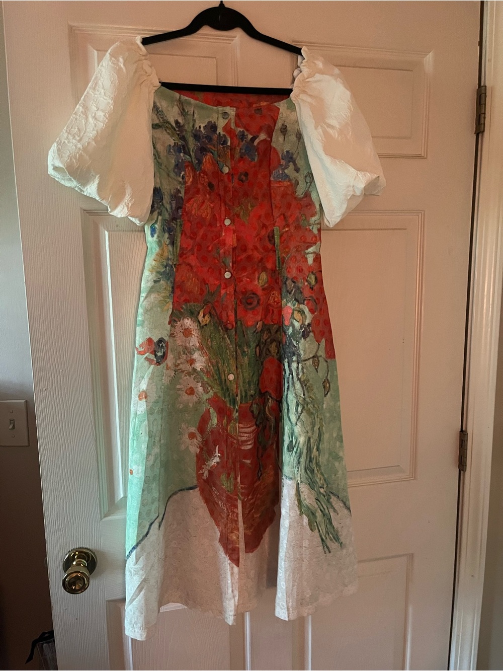 Vintage White Puff-Sleeve Midi Dress with Red & Green Floral Print